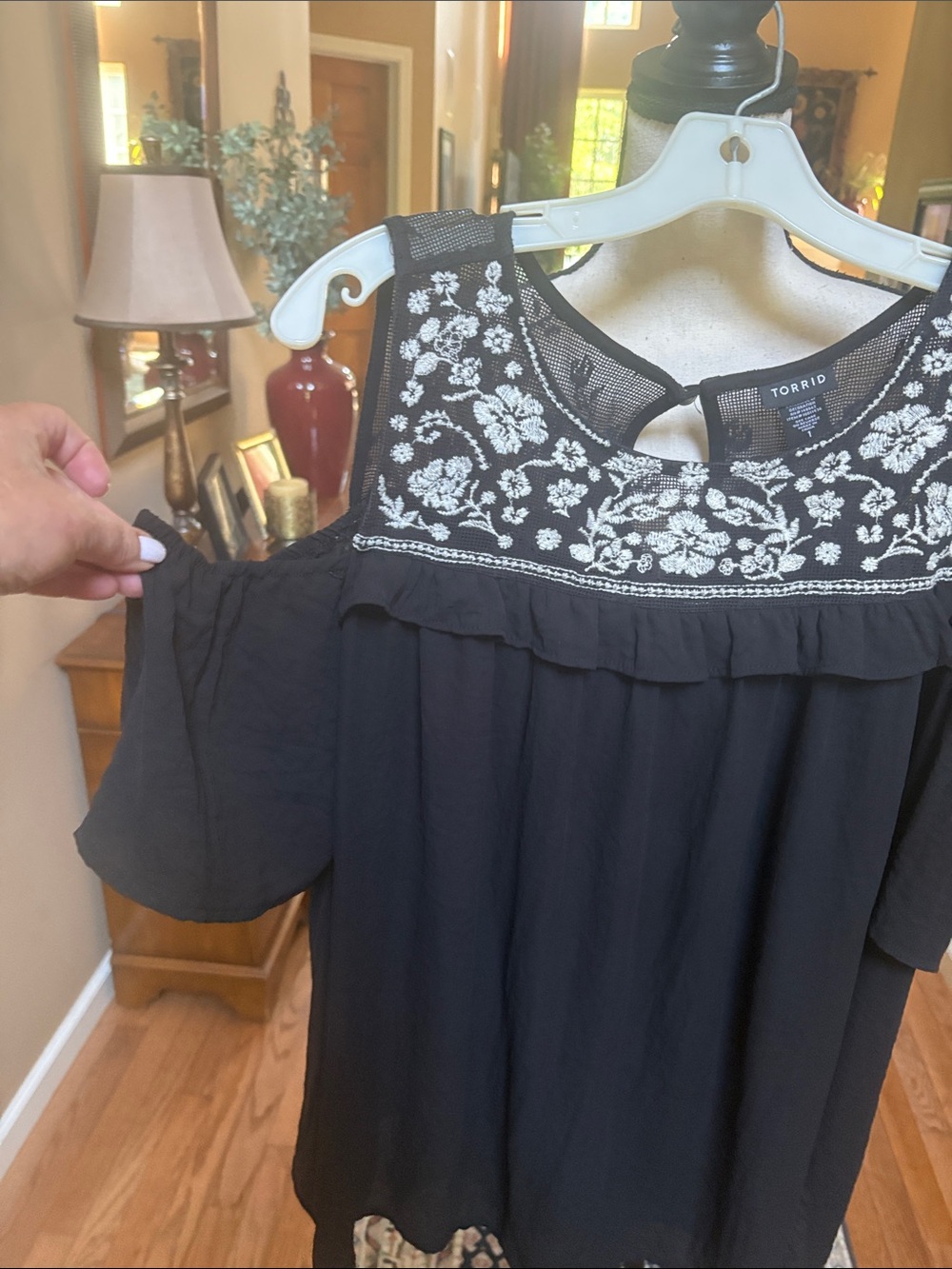 Torrid Black Cold-Shoulder Blouse with White Embroidery - Picture 2 of 5